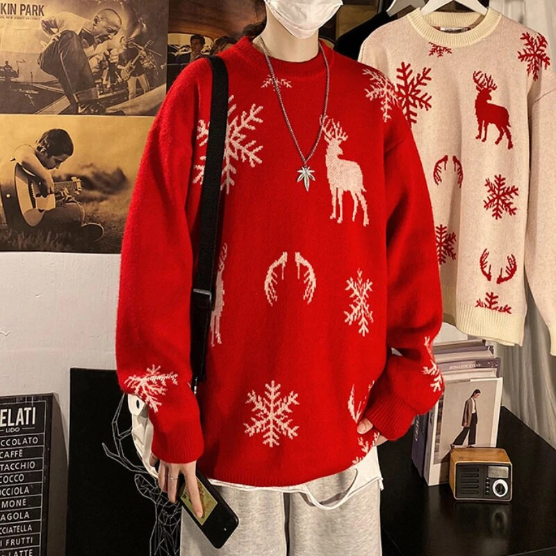 Χριστουγεννιάτικο πουλόβερ πουλόβερ Ανδρικά ρούχα με λαιμόκοψη σε O-λαιμόκοψη Ζευγάρι ρούχα Harajuku Νέα άφιξη Loose Temper Vintage Πλεκτά American Streetwear Ins