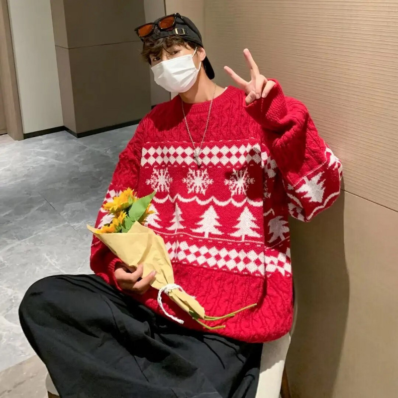 Mājīgs vīriešu sarkans trikotāžas džemperis Ziemassvētku eglītes dizains rudens un ziemas apģērbam Amerikāņu lielizmēra džemperis ar džemperi vīriešiem un sievietēm