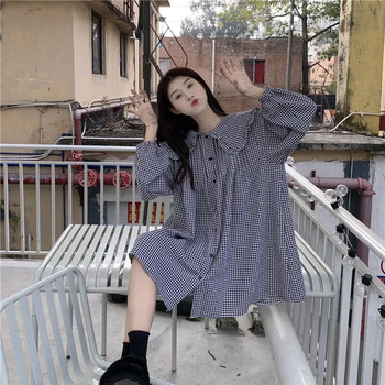 Vintage καρό φαρδύ πουκάμισο άνοιξη φθινόπωρο Νέο μακρυμάνικο μονόχρωμο μπλούζα μπλούζα με μπλούζα Κορεάτικα γυναικεία ρούχα
