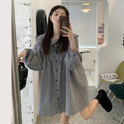 Vintage καρό φαρδύ πουκάμισο άνοιξη φθινόπωρο Νέο μακρυμάνικο μονόχρωμο μπλούζα μπλούζα με μπλούζα Κορεάτικα γυναικεία ρούχα