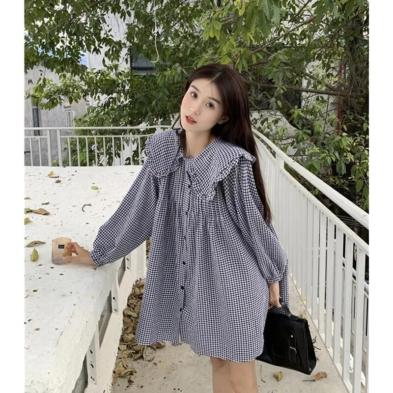 Vintage καρό φαρδύ πουκάμισο άνοιξη φθινόπωρο Νέο μακρυμάνικο μονόχρωμο μπλούζα μπλούζα με μπλούζα Κορεάτικα γυναικεία ρούχα