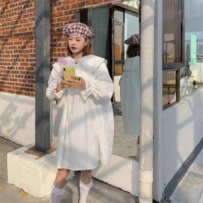 Onalippa dvoslojna široka haljina s Peter Pan ovratnikom za žene, jednobojne haljine dugih rukava u francuskom stilu Pulover visokog struka