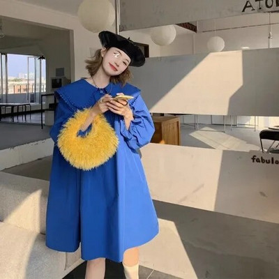 Onalippa dvoslojna široka haljina s Peter Pan ovratnikom za žene, jednobojne haljine dugih rukava u francuskom stilu Pulover visokog struka