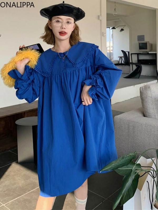 Onalippa dvoslojna široka haljina s Peter Pan ovratnikom za žene, jednobojne haljine dugih rukava u francuskom stilu Pulover visokog struka