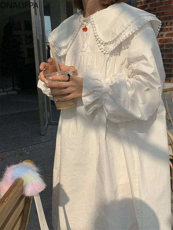 Onalippa dvoslojna široka haljina s Peter Pan ovratnikom za žene, jednobojne haljine dugih rukava u francuskom stilu Pulover visokog struka