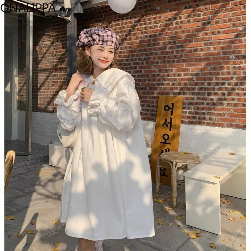 Onalippa dvoslojna široka haljina s Peter Pan ovratnikom za žene, jednobojne haljine dugih rukava u francuskom stilu Pulover visokog struka