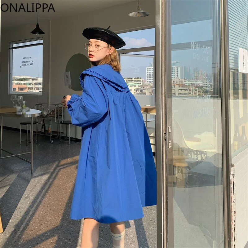 Onalippa dvoslojna široka haljina s Peter Pan ovratnikom za žene, jednobojne haljine dugih rukava u francuskom stilu Pulover visokog struka