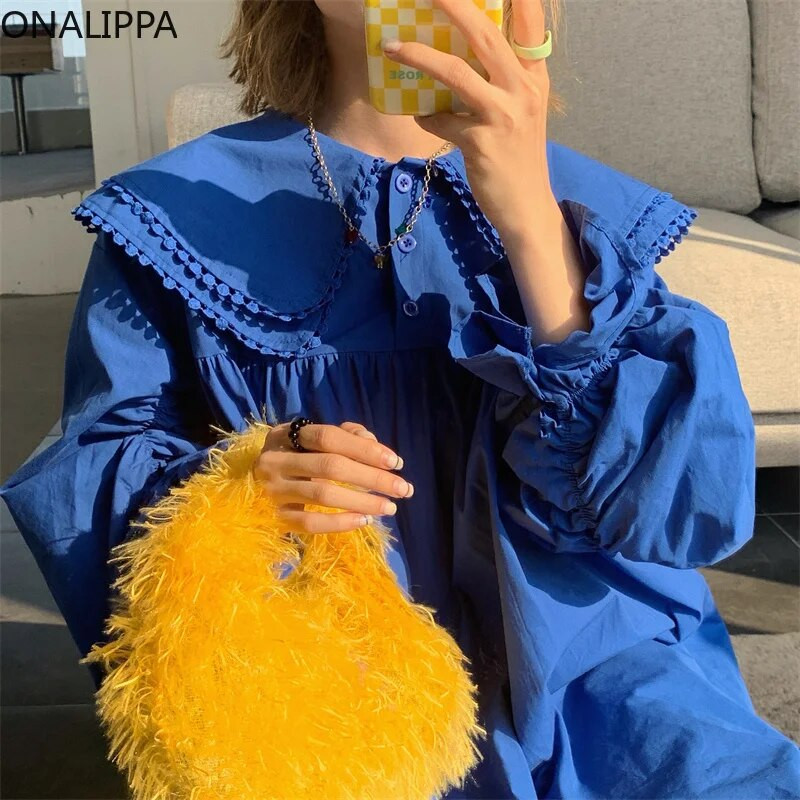 Onalippa dvoslojna široka haljina s Peter Pan ovratnikom za žene, jednobojne haljine dugih rukava u francuskom stilu Pulover visokog struka