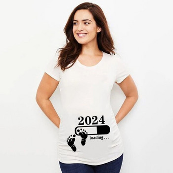Baby Loading 2024 Риза с принт за обявяване на бременност Тениска с къс ръкав за бременни Тениска за бременни Тениска за нова майка Дрехи Горнища