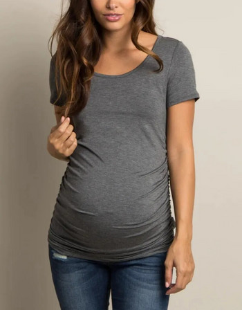 Liu&Qu Ежедневна дамска тениска за бременни Топ с къс ръкав и кръгло деколте Ризи за бременни Лятна едноцветна тениска за бременни Удобна тениска