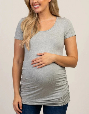 Liu&Qu Ежедневна дамска тениска за бременни Топ с къс ръкав и кръгло деколте Ризи за бременни Лятна едноцветна тениска за бременни Удобна тениска