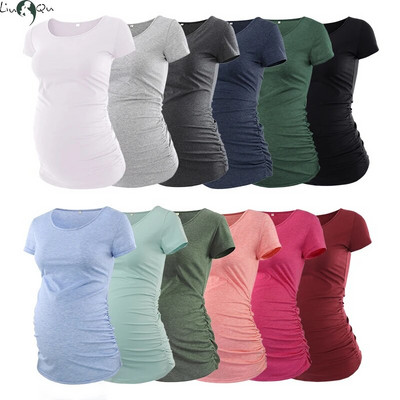 Liu&Qu Tricou ocazional pentru femeie de maternitate Top cu mânecă scurtă cu gât rotund Cămăși de sarcină Tricou solid pentru gravidă Tricou confortabil