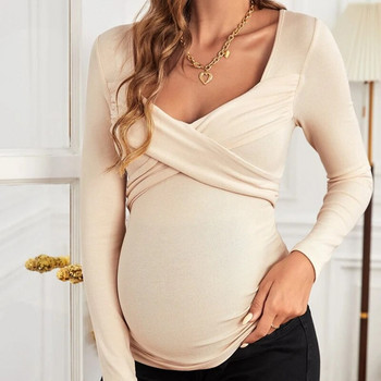 Φθινοπωρινό/χειμωνιάτικο μπλουζάκι για έγκυες γυναίκες με σταυρωτό μπλουζάκι Sweetheart μακρυμάνικο V-λαιμόκοψη με ραβδώσεις
