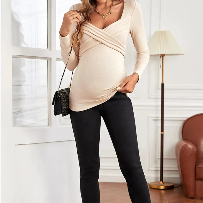 Grūtnieču modes ietīšana ar krustu Sweetheart ar garām piedurknēm V veida kakla izgriezumu, rievota grūtnieces mamma rudens/ziemas T-krekla augšdaļa