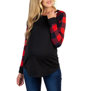 Бременни жени Дрехи за бременни с дълъг ръкав Модни топове с решетъчен принт Тениска за бременни Горнища за кърмачки Блуза за кърмене на мама