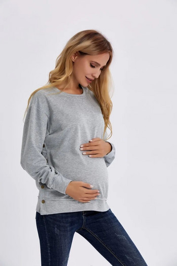 Дрехи за бременни Premama Блуза с дълъг ръкав Есен Зима Свободни бременни жени Плътен пуловер с О-образно деколте Риза след раждане Пуловер Топ