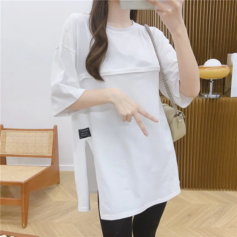 Apģērbs zīdīšanas laikā grūtniecēm barošanai T-krekls vienkrāsains kokvilnas brīvs grūtnieču topi grūtniecēm jauniešu blūzes 9260