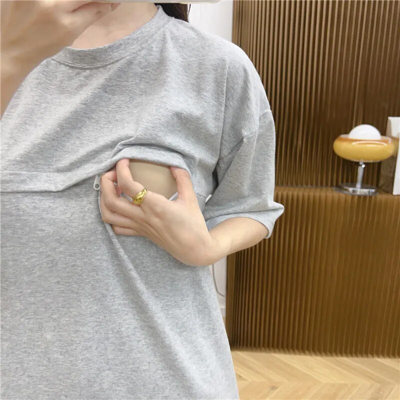 Apģērbs zīdīšanas laikā grūtniecēm barošanai T-krekls vienkrāsains kokvilnas brīvs grūtnieču topi grūtniecēm jauniešu blūzes 9260