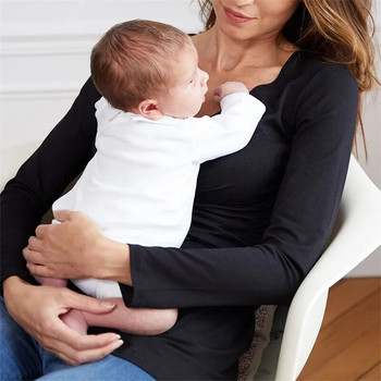 Пролетна есенна тениска за бременност за бременни Дрехи за кърмачки с V-образно деколте Горнище с дълъг ръкав за кърмене Едноцветна тениска за бременни жени