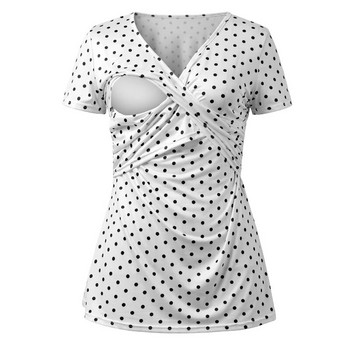 Дамска тениска за бременни и кърмене Дрехи за бременни жени Летни горнища с къс ръкав и V-образно деколте с принт на точки