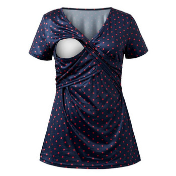 Дамска тениска за бременни и кърмене Дрехи за бременни жени Летни горнища с къс ръкав и V-образно деколте с принт на точки