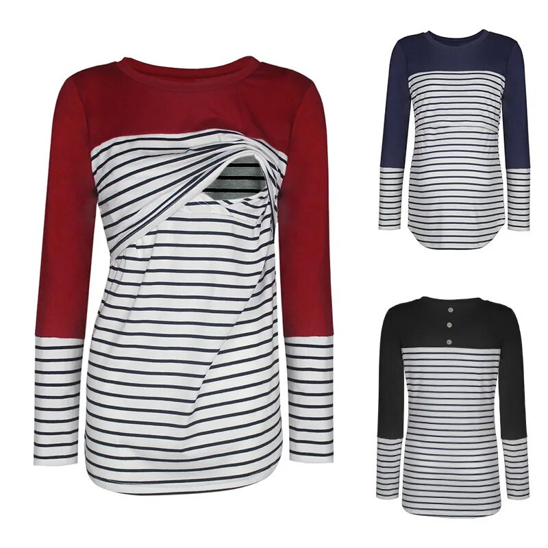 Női blúz kismama hosszú ujjú virágos csíkos szoptató felsők póló Szoptató anya terhes alkalmi téli blúz ing