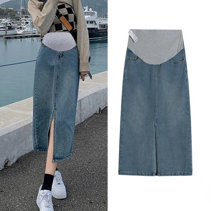 Sadalīta grūtnieces džinsa pussvārki sieviešu vidēja garuma A-līnijas gūžas svārki Ziemas grūtnieču kleita, bērnu dušas kleita