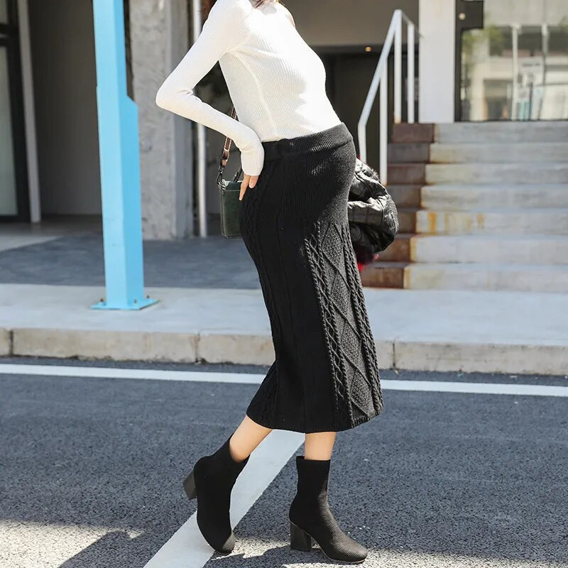 Rudens ziemas vilnas svārki grūtniecēm ikdienas grūtniecēm elastīgi ar augstu vidukli, adīti vēdera svārki Premama grūtniecības kleita Vestido