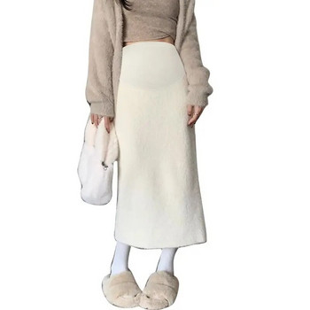 Зимна коремна пола за бременни Едноцветна права пола от изкуствена кожа на норка с висока талия Дебела топла пола тип молив за бременни