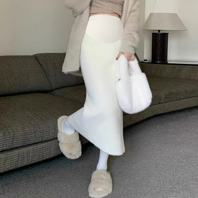 Ziemas grūtnieču vēdera svārki vienkrāsaini ar augstu vidukli mākslīgās ūdeļu kažokādas impērizēti taisni svārki biezi silti, grūtnieces zīmuļu svārki