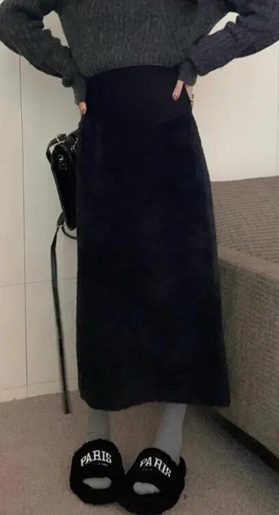 Ziemas grūtnieču vēdera svārki vienkrāsaini ar augstu vidukli mākslīgās ūdeļu kažokādas impērizēti taisni svārki biezi silti, grūtnieces zīmuļu svārki