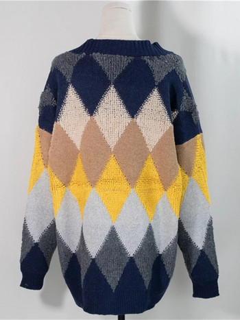 Colorfaith 2022 Карирани шикозни жилетки с копчета с буф ръкави Карирани извънгабаритни дамски пуловери Зимни пролетни горнища на пуловери SW658