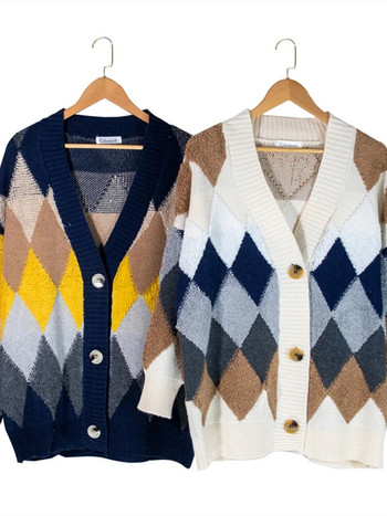 Colorfaith 2022 Карирани шикозни жилетки с копчета с буф ръкави Карирани извънгабаритни дамски пуловери Зимни пролетни горнища на пуловери SW658