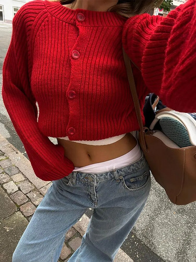 Rudens sieviešu retro trikotāžas apgriezti sarkani džemperi ar garām piedurknēm, sieviešu džemperi ar vienrindu