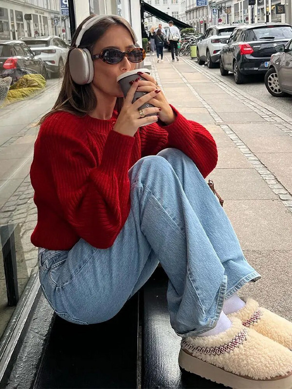 Rudens sieviešu retro trikotāžas apgriezti sarkani džemperi ar garām piedurknēm, sieviešu džemperi ar vienrindu