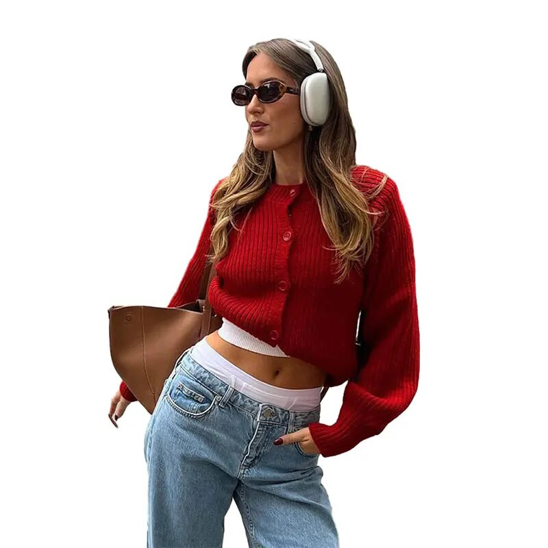 Rudens sieviešu retro trikotāžas apgriezti sarkani džemperi ar garām piedurknēm, sieviešu džemperi ar vienrindu