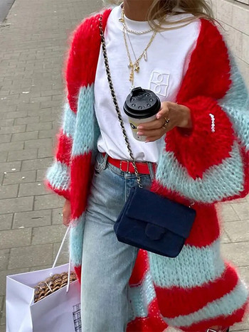 Γυναικεία vintage ριγέ πλεκτή ζακέτα με βελονάκι Casual χαλαρό χοντρό μακρύ φανάρι πουλόβερ Φθινοπωρινό χειμερινό παλτό δρόμου