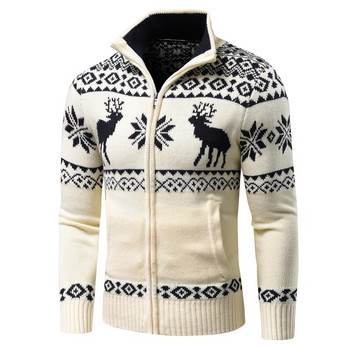 Мъжки есенен нов ежедневен жакардов пуловер с коледен модел с цип Жилетка Яке Мъжки зимен пуловер с дълъг ръкав с макет на яка