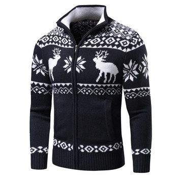 Мъжки есенен нов ежедневен жакардов пуловер с коледен модел с цип Жилетка Яке Мъжки зимен пуловер с дълъг ръкав с макет на яка