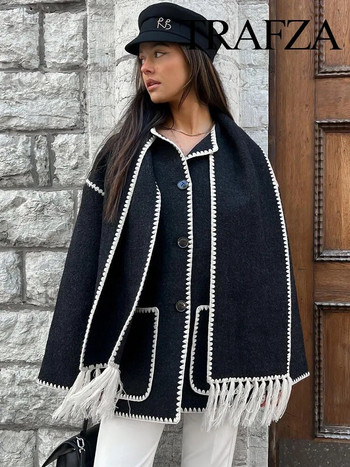 TRAFZA 2023 Φθινοπωρινή μόδα Γυναικεία Μαύρο παλτό με βελονάκι O λαιμό μακρυμάνικο κουμπί ίσιο casual vintage γυναικεία άνετα παλτό