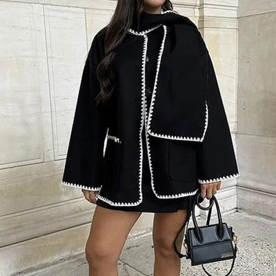 TRAFZA Jesen 2023. Ženski modni crni kaput s heklanim šalom O izrezom s dugim rukavima i gumbima Ravni ležerni starinski ženski udobni kaputi