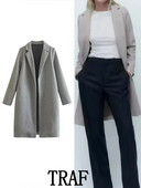 TRAF 2023 Moterų daugiaspalviai vilnoniai atvartai ilgi paltai Madingi vintažiniai ilgomis rankovėmis rudens žiemos laisvi paltai, šilti viršutiniai drabužiai