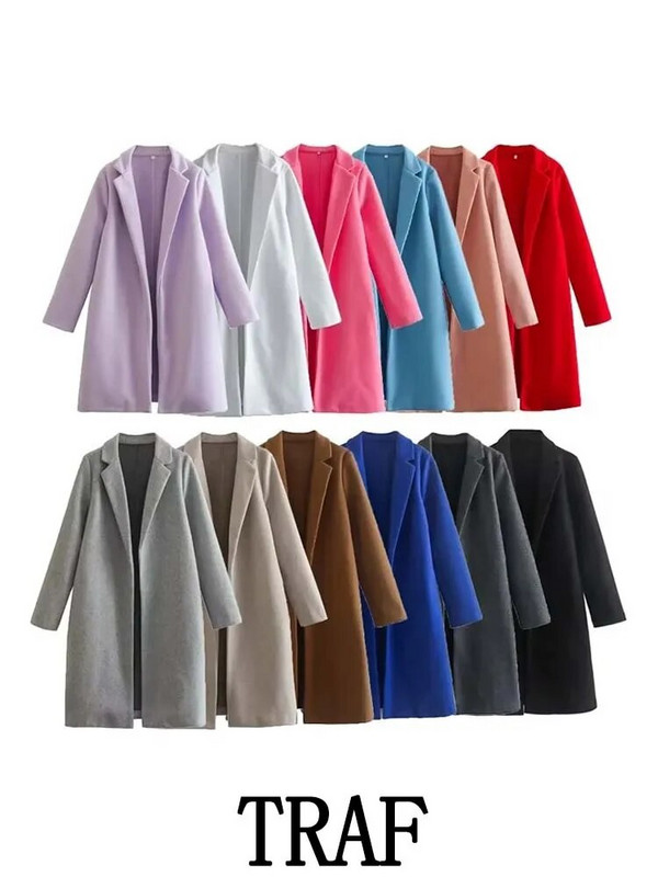 TRAF 2023 Moterų daugiaspalviai vilnoniai atvartai ilgi paltai Madingi vintažiniai ilgomis rankovėmis rudens žiemos laisvi paltai, šilti viršutiniai drabužiai