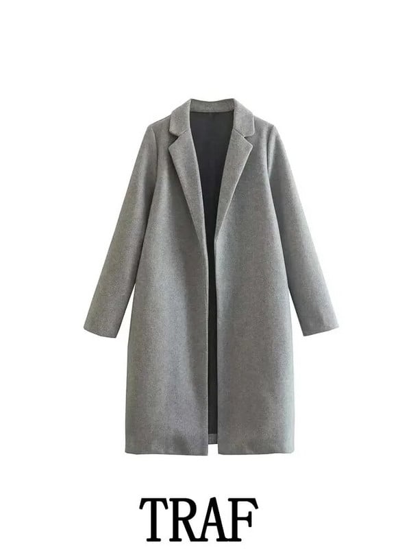 TRAF 2023 Moterų daugiaspalviai vilnoniai atvartai ilgi paltai Madingi vintažiniai ilgomis rankovėmis rudens žiemos laisvi paltai, šilti viršutiniai drabužiai