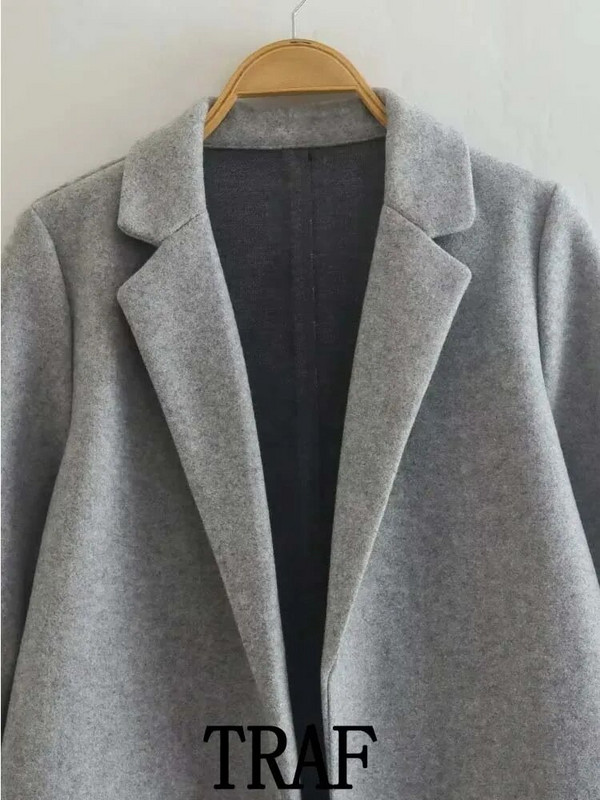 TRAF 2023 Moterų daugiaspalviai vilnoniai atvartai ilgi paltai Madingi vintažiniai ilgomis rankovėmis rudens žiemos laisvi paltai, šilti viršutiniai drabužiai