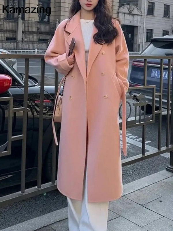 Rudens ziemas brīvs vilnas mētelis sievietēm ikdienišķs masīvs virsdrēbes ar jostu korejiešu modes šiks sieviešu virsjakas apģērbs