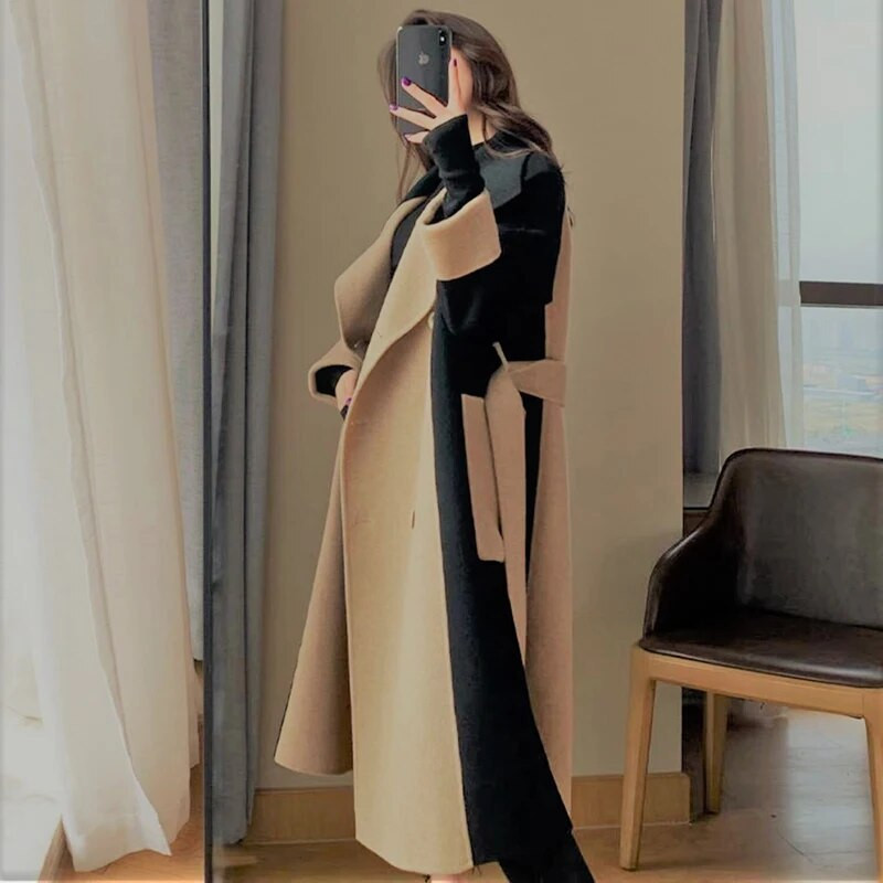 Vintage vilnas raibs mētelis sieviešu elegants korejiešu lielizmēra gara jaka rudens ziemas divrindu biroja sieviešu virsdrēbes