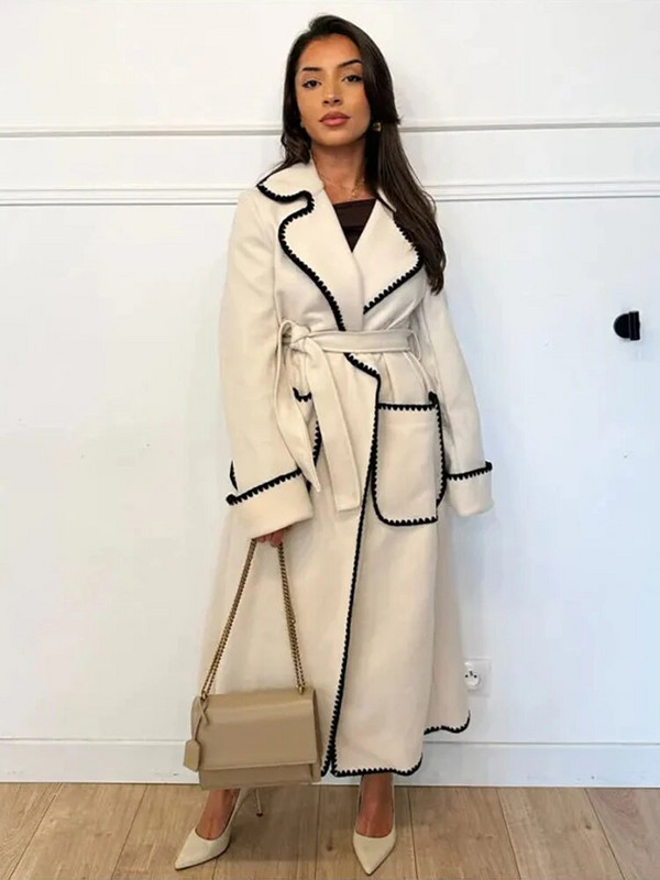 Obložena duga vunena jakna Ženska modna prošivena ženska kaputi dugih rukava na vezanje 2023. Jesen Zima Ženska odjeća s džepovima za ulične žene