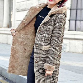 Φθινοπωρινό χειμωνιάτικο μάλλινο παλτό Γυναικείο καρό κουρτίνα προβάτου Δέρμα μεσαία μακριά παλτό συν βελούδινη χοντρή κουκούλα ζεστό μάλλινο γυναικείο παλτό