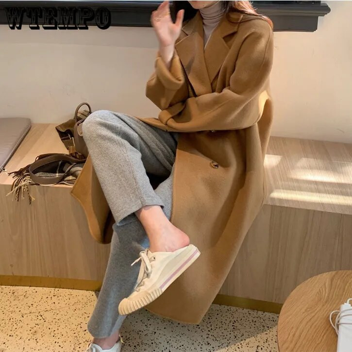 WTEMPO dvipusis kašmyro paltas, moteriškas vidutinio ilgio vilnonis viršutinis sluoksnis, 2022 m. rudens ir žiemos naujas aukščiausios kokybės Hepburn stiliaus paltas